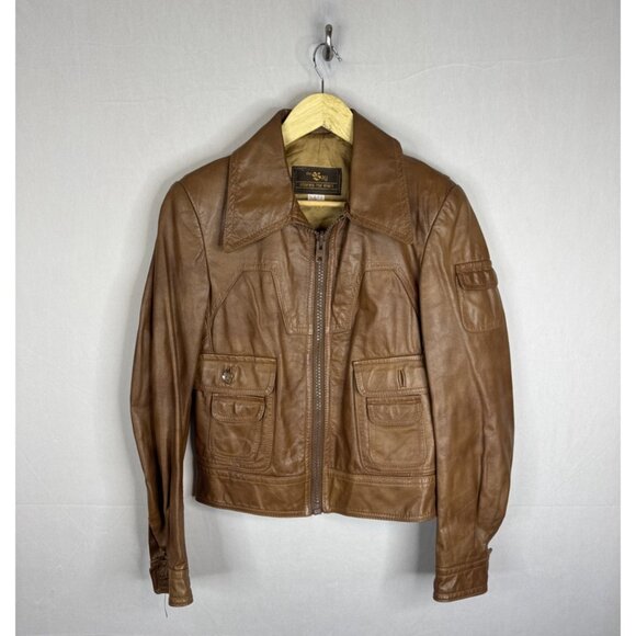 Vintage The Bay 100% Leather Jacket Men 36 Tan Bomber Style 70s Hippie - Picture 1 of 9